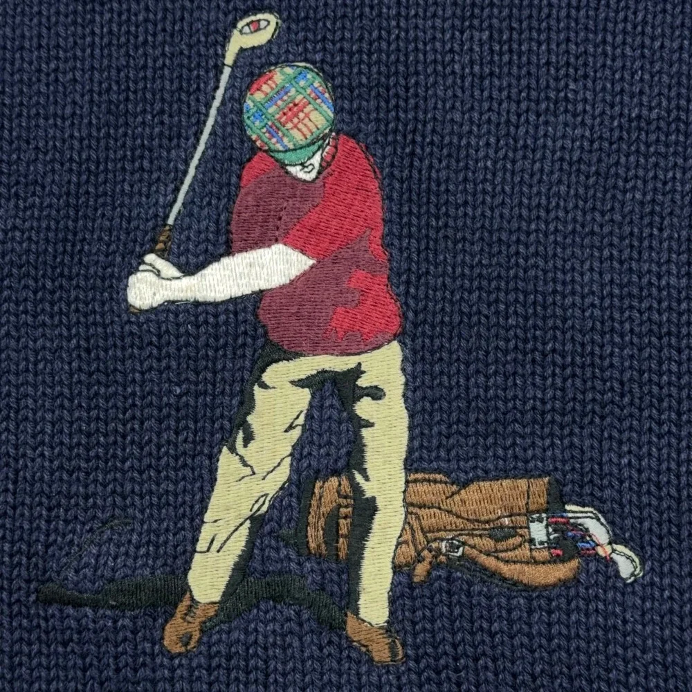 Vtg Gant Mens XL Navy Blue Cotton Golfer Embroidered Knit Sweater Hand Framed